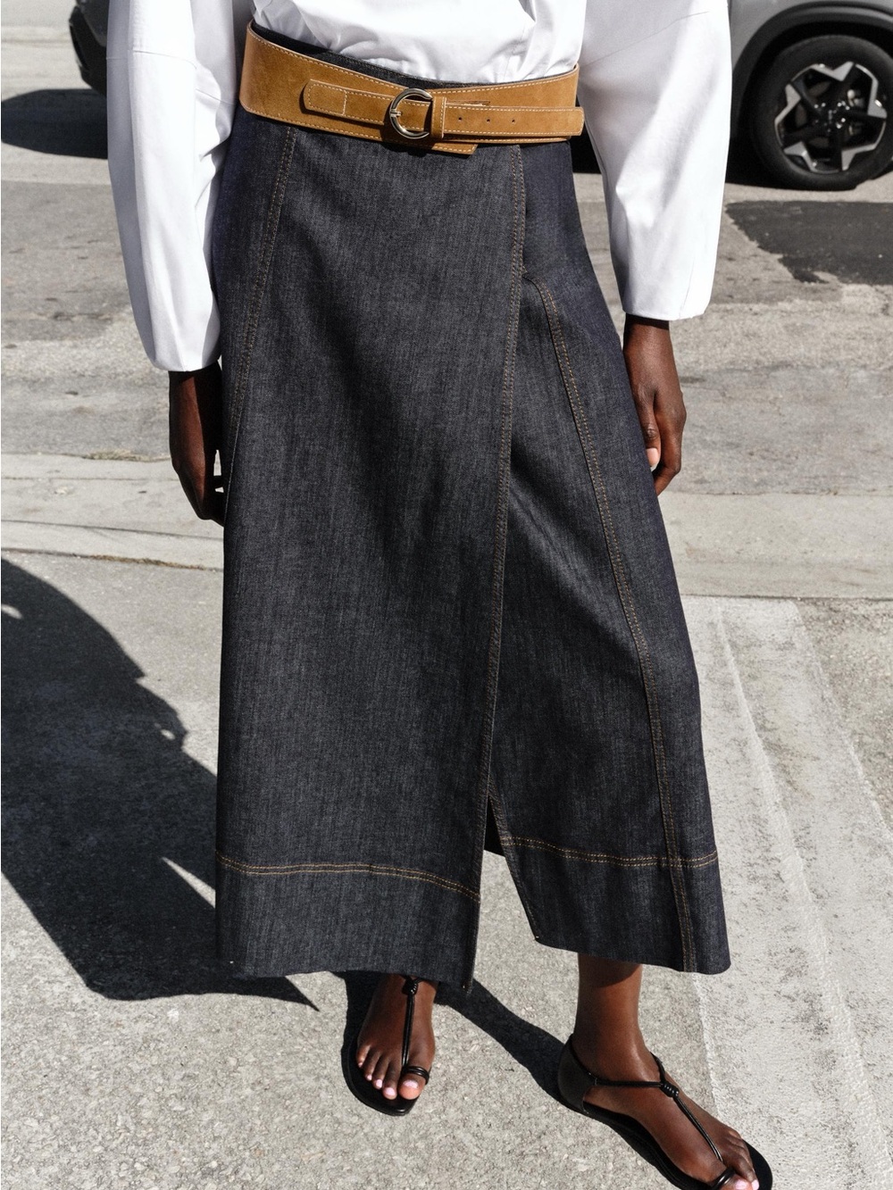 Zara Z1975 BELTED DENIM MIDI SKIRT